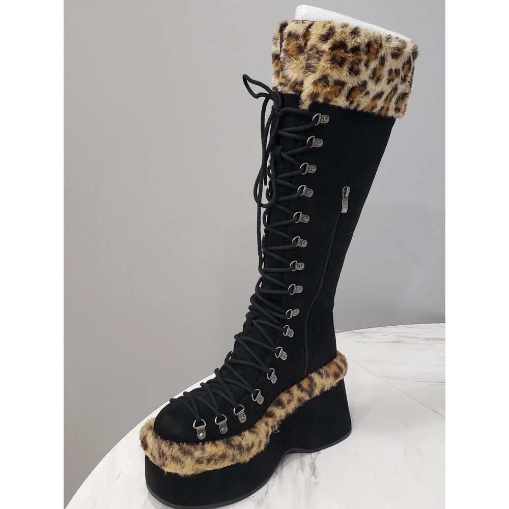 SZ 9 Current Mood Dolls Kill Leopard Faux Fur Platform Boots Tall Glam Mob Boss - Picture 5 of 9